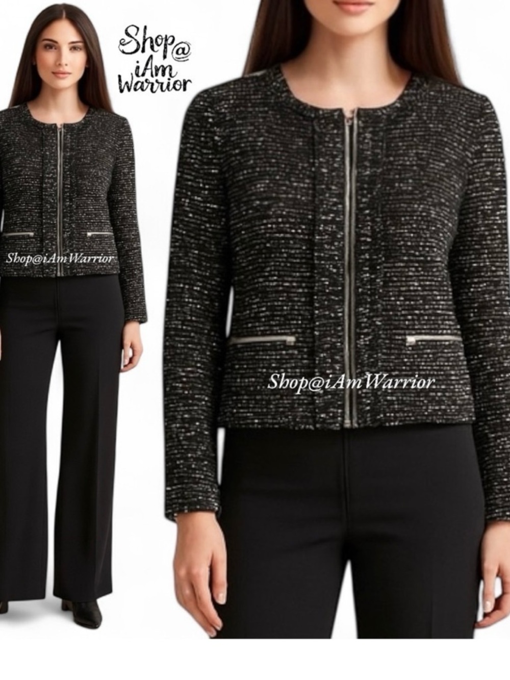 Cynthia Rowley Black & White Tweed Zip Jacket